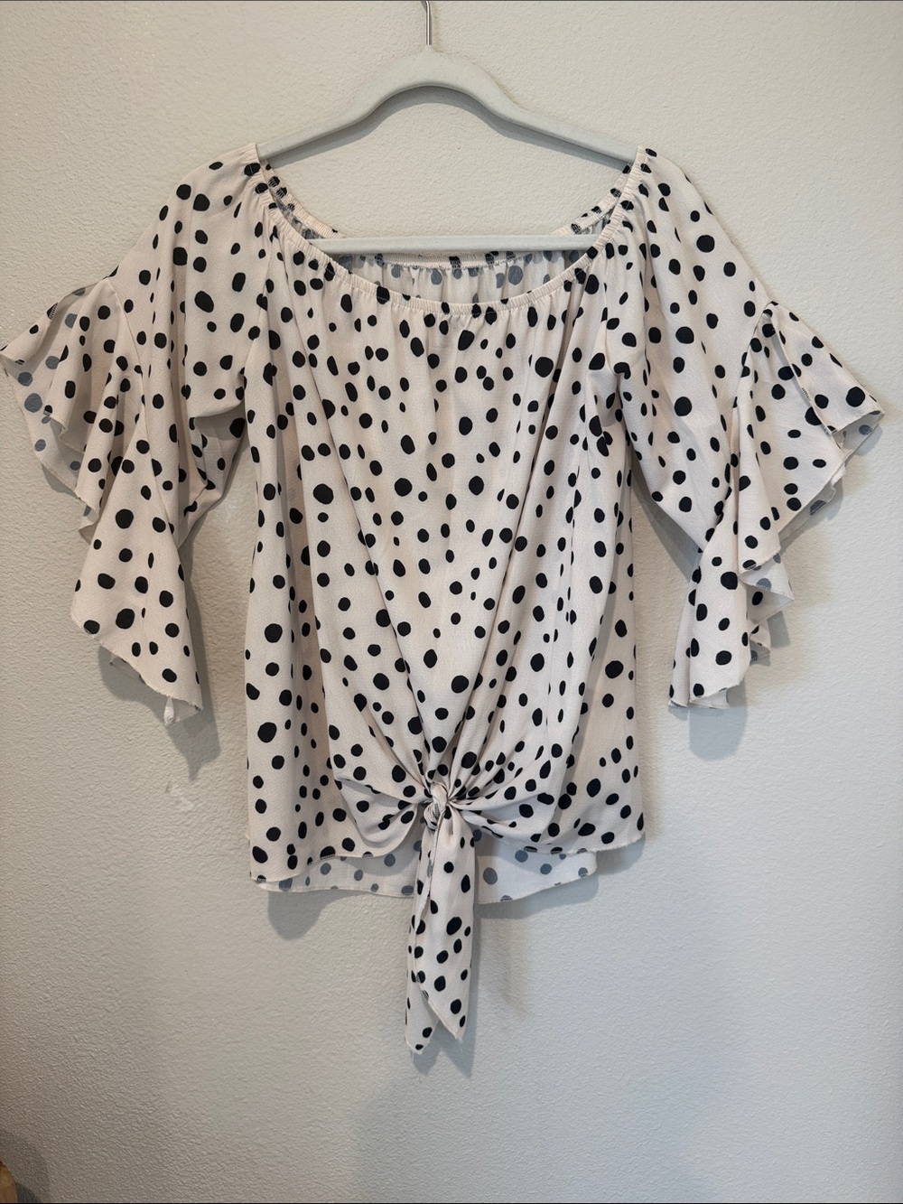 Polka Dot Tie-Front Off-Shoulder Top - Cream/Black